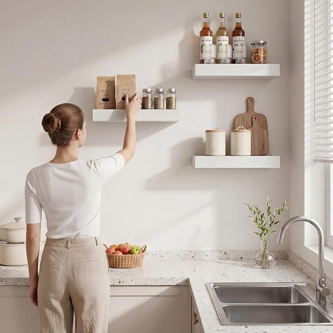 Marsmiles 8in Depth Floating Shelves, 8x8x1.4, White, Set of 3 | Small Wall Mounted Square Shelves, Engineered Wood, Invisible Brackets, Living Room, Bedroom, Bathroom, Kitchen Decor