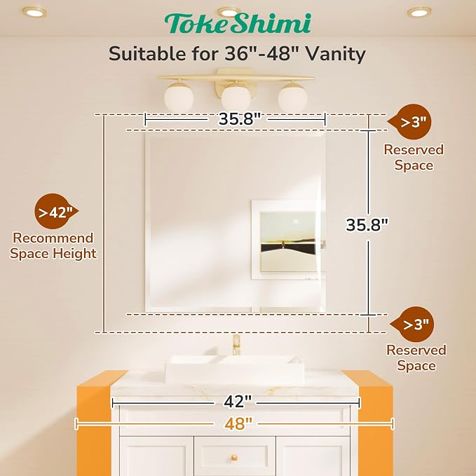36x36 Beveled Mirror Frameless Tempered, Rectangle Bathroom Mirror with 1" Beveled Edge, Shatterproof Bathroom Vanity Mirrored Wall Mounted for Living Room, Entryway, Restroom