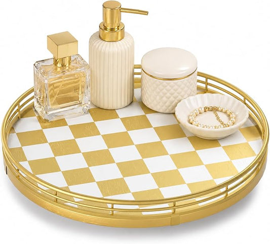 AMH 10-Inch Gold Checkerboard Lazy Susan Vanity Tray with Metal Rail | Smooth rotating oak tray with walnut finish for dining tables, kitchen counters, pantries and cabinet storage.
