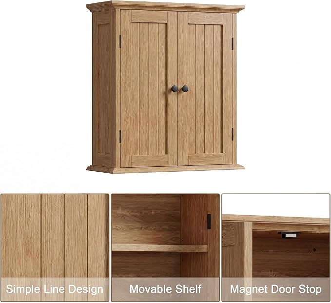 ChooChoo Bathroom Wall Cabinet with 2 Doors, Over The Toilet | 8.8"D x 21.1"W x 24"H, Medicine Cabinet, Adjustable Shelves, Cupboard, Natural