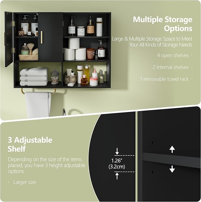 Bathroom Wall Cabinet Wood Large Wall Mounted Medicine Cabinet with 2 Doors and 4 Open Shelves Over Toilet Storage Cabinet Organizer with Towel Bar, Black