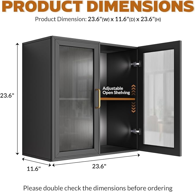 Bathroom Wall Cabinet with Acrylic Glass Doors, Kitchen Wall Cabinets with Adjustable Shelf, 24” Laundry Room Wall Mounted Cabinet, Bathroom Wall Cabinet with Light(Black)