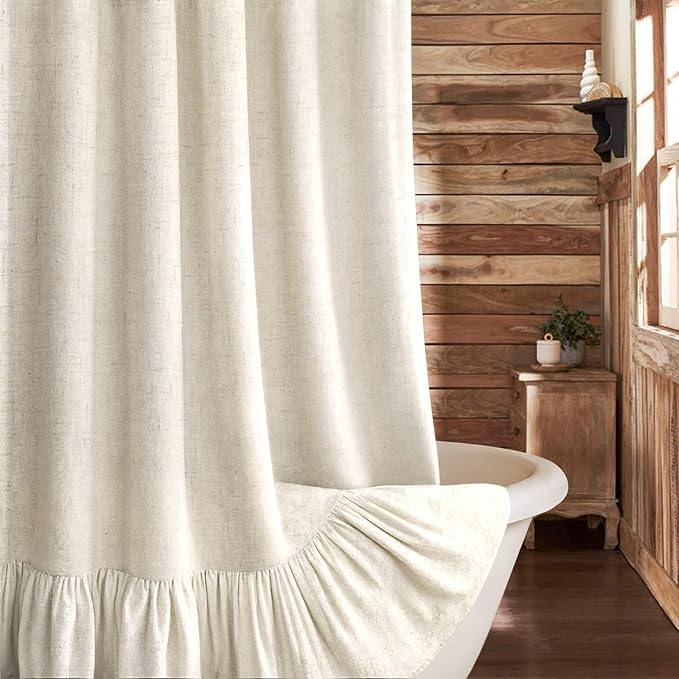 Farmhouse Shower Curtain Ruffle Linen Cream 72" W x 72" L | Linen Fabric, Farmhouse Boho, Bottom Ruffle, Rustic, Country, Natural Look, Washable, Shower Curtain for Bathroom Bathtub