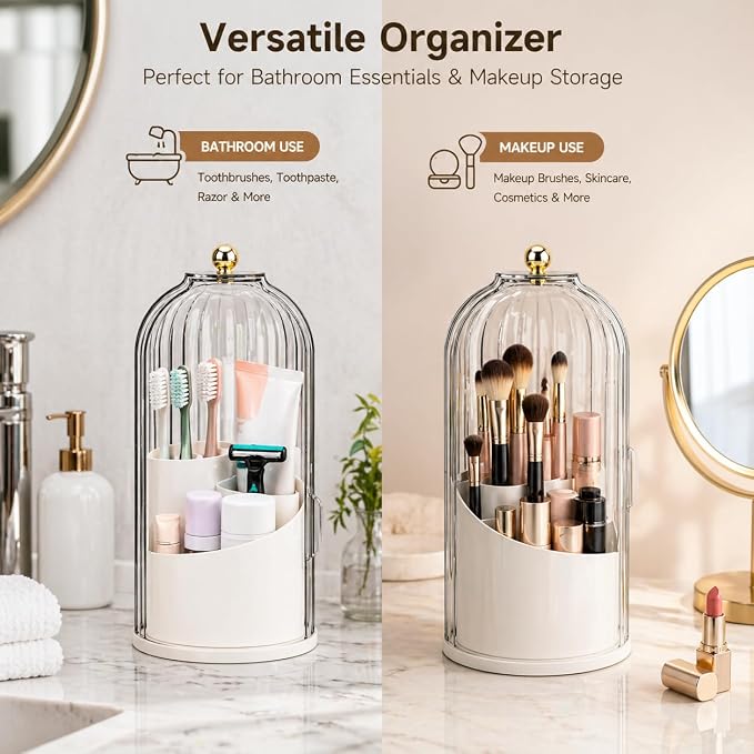 Rotating Toothbrush Holder with Cover, Storage for Bathroom, Dustproof Toothbrush Holder with Sliding Lid Electric Tooth Brush and Makeup Brush Organizer for Vanity, Dustproof with Cover