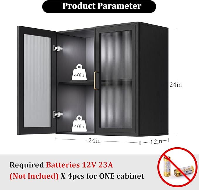 FIMELLO 24’’ Bathroom Wall Cabinet, Laundry Room Cabinets Storage, Kitchen Cabinets with Adjustable Shelf Acrylic Glass Doors, Medicine Cabinets for Bathroom, Black Bathroom Cabinet