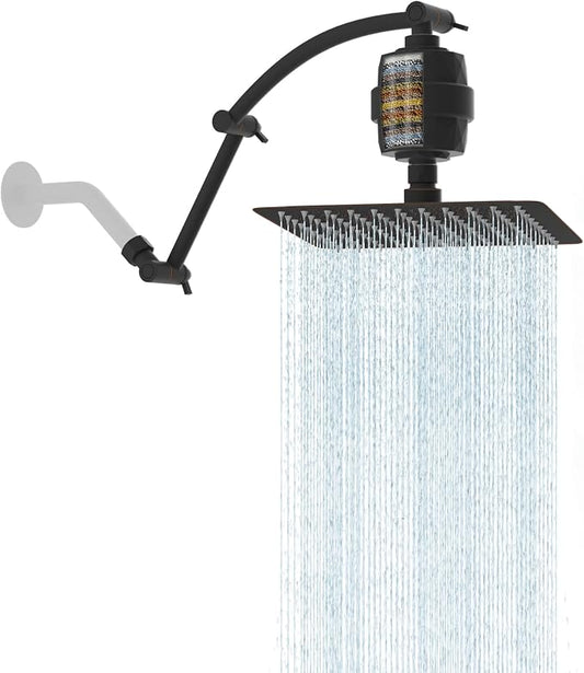 Hibbent 10'' Filtered Rain Shower Head, Extension Arm, Oil Rubbed Bronze | High Pressure Rainfall Showerhead, Brass Adjustable 16" Shower Head Extension Arm, 20 Stage Shower Filter, Fixed Showerheads