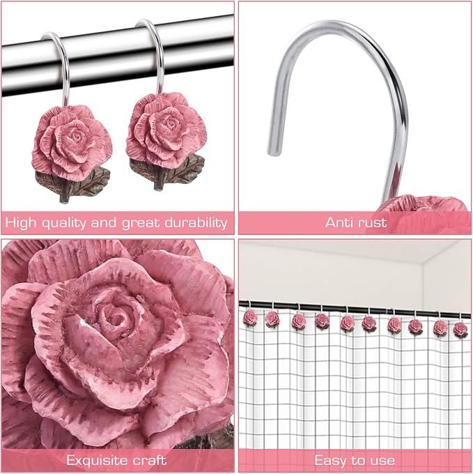 AGPTEK Rose Shower Curtain Hooks, 12 PCS | Anti Rust, Decorative Vintage Resin Rose, For Bathroom, Baby Room, Bedroom, Living Room