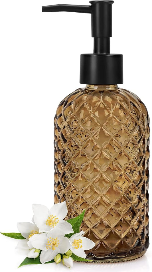 Topsky Gem Glass Soap Dispenser with Black Plastic Pump, 13oz Liquid Hand Soap Dispenser, Rustproof Pump for Kitchen & Bathroom, Great for Lotions, Essential Oil, Liquid Soaps-Amber
