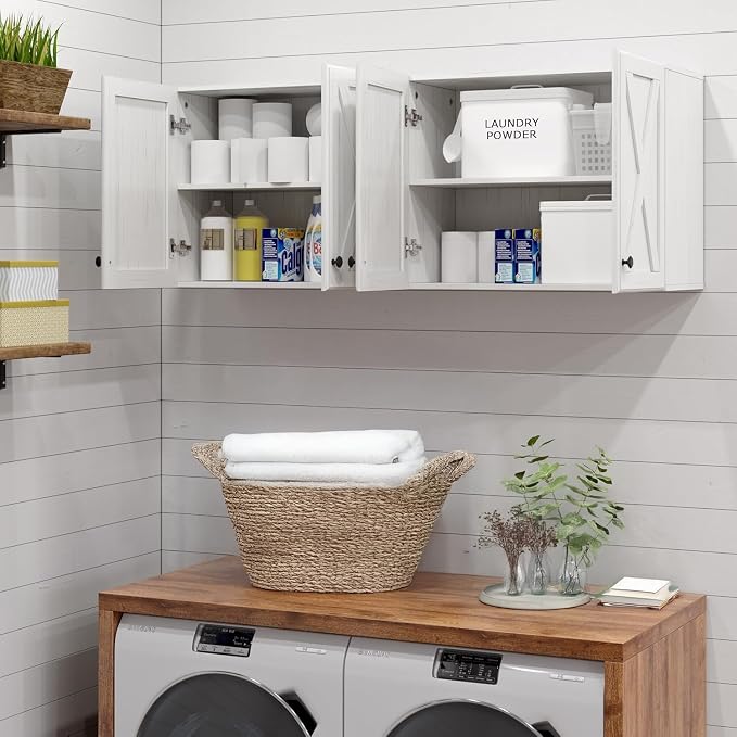 FIMELLO Wall Cabinet, Bathroom Wall Cabinet, Farmhouse Wall Mounted Cabinets for Kitchen Garage Laundry Storage, Medicine Cabinet with 2 Door and Shelf, Laundry Room Wall Cabinets, White Grain