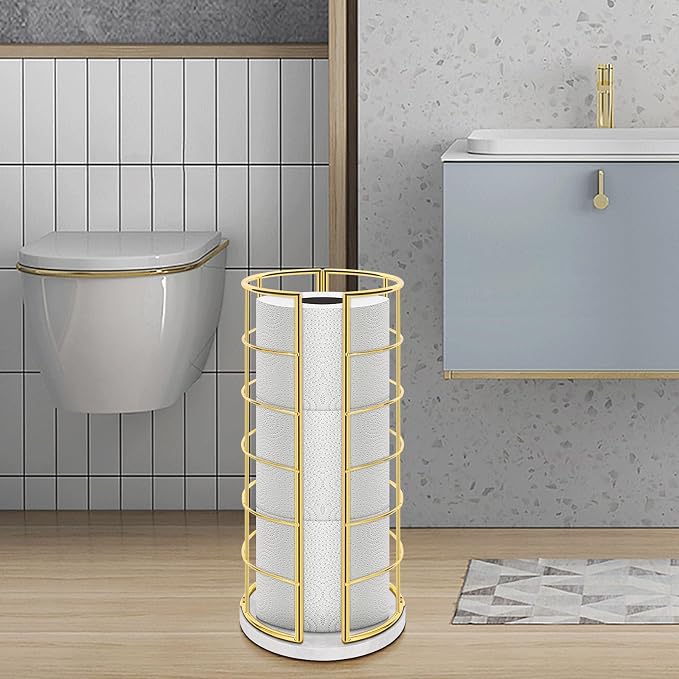 NearMoon Toilet Paper Organizer Stand, Free Standing 3 Rolls Tissue Storage, Metal Bathroom Accessory, Rustproof Toilet Roll Holder for Kitchen Countertop Inside Cabinet Shelf(Marble Base,Gold)