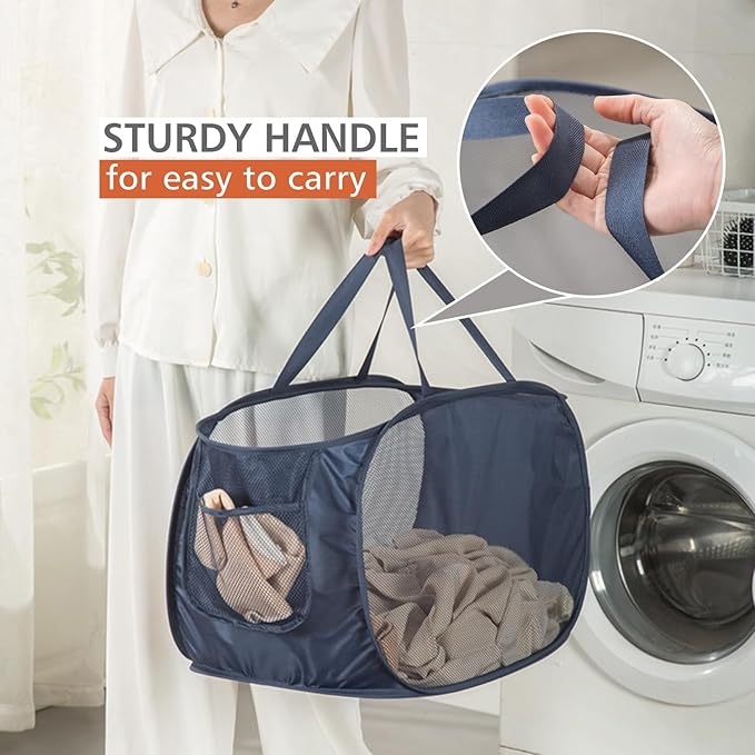 Sturdy Mesh Laundry Hamper Basket Bag,collapsible Pop up for Laundry Room | Folding Foldable Baskets with Side Pocket Travel Clothes Organizer for Bathroom,Kids Room,College Dorm (Horizontal,White)