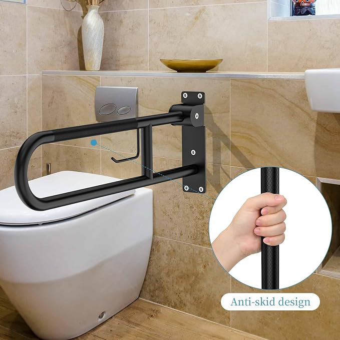 Toilet Grab Bar 32 Inch Black, Munzong Anti-Slip Flip-Up Handicap Grab Bars | Bathroom Safety Rails with Paper Holder Stainless Steel Knurled Support handrails for Seniors Elderly Disabled Pregnant