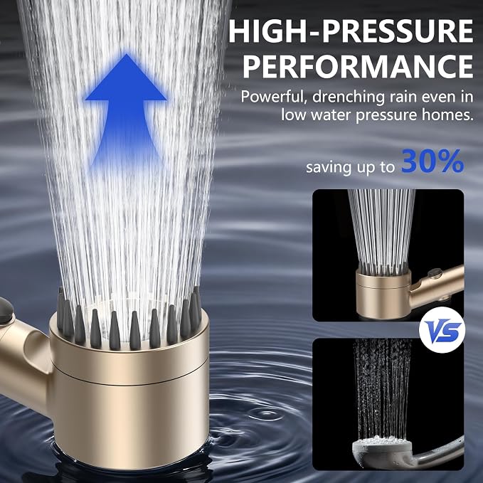 Filtered Shower Head with Handheld, High Pressure Water Flow and Multiple Spray Modes Shower Head with Filter, Power Wash for Hard Water, Showerhead with ON/OFF Switch for Pets Bath (Golden) | ON/OFF Switch,4 Spray,Built-in Power Wash,Detachable Shower...