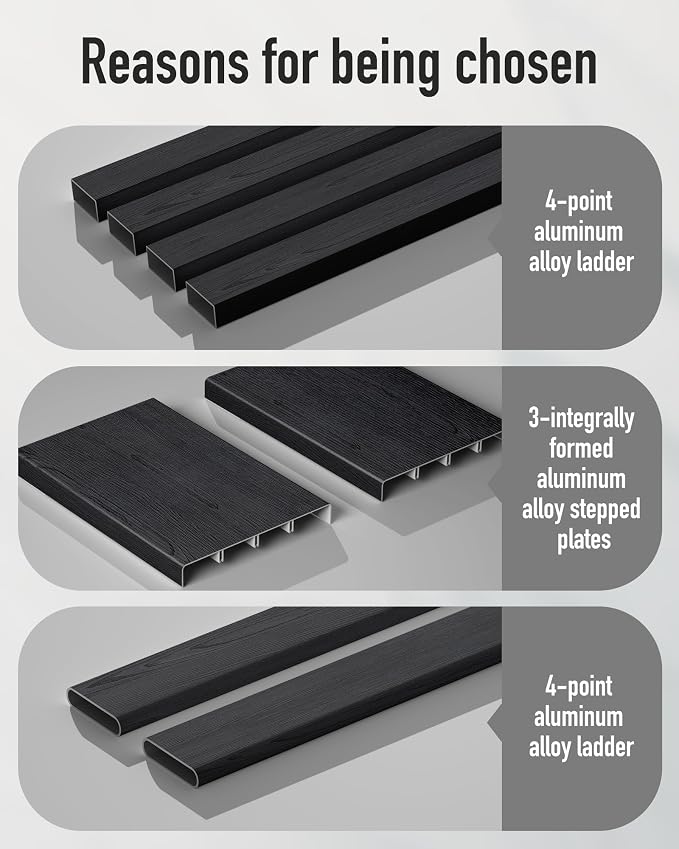 Mayi Plus 3 Step Stool Foldable, Aluminum, Lightweight Step Ladder | Extra-wide anti-slip folding steps with 330 lbs, for home,kitchen,office,outdoor,Ebony woodgrain