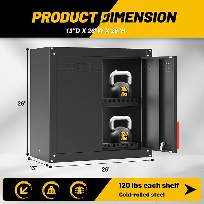 Eltean Metal Wall Cabinet,Wall Mounted Garage Storage Cabinet with Lock and Handle,Garage Wall Cabinet with Adjustable Shelves for Garages, Storage Rooms, Basements