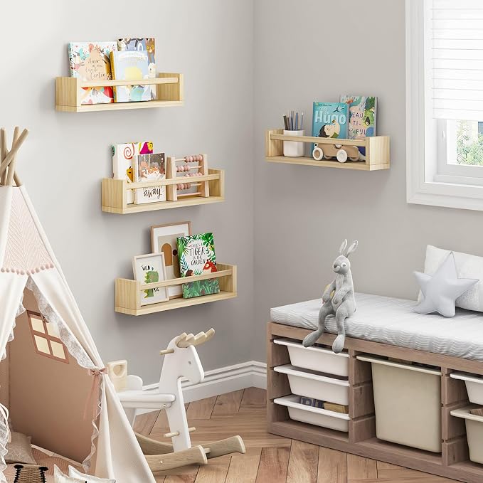 Fixwal Floating Nursery Book Shelves for Wall, 16.5in Set of 4 Natural Wood | Solid wood shelves store kids' books, toys and clothing. Fits kids' room, playroom, nursery, living room, bedroom & bathroom.