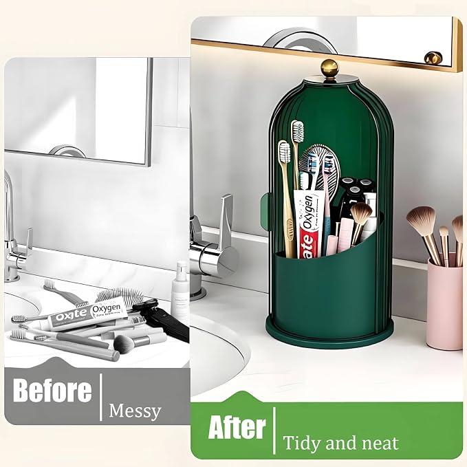 JEESA Dustproof Toothbrush Holder with Cover, All Green | 360° Rotating, 180° Sliding Lid, 3 Slots, Toothbrush Organizer, for Bathroom Countertop