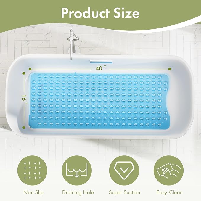 AmazerBath Shower Mat Non Slip 40 x 16 Inches, Bathtub Mat Shower Stall Mats with Suction Cups and Drain Holes, Non Slip Bath Mat for Tub for Elderly & Kids, Clear Blue