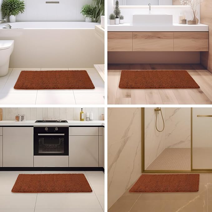 Rust Bathroom Rugs – Absorbent and Washable Bath Mat, Non-Slip, Thick Soft Chenille Bath Rugs for Bathroom Floor, Shower, Sink - 24" x 36"