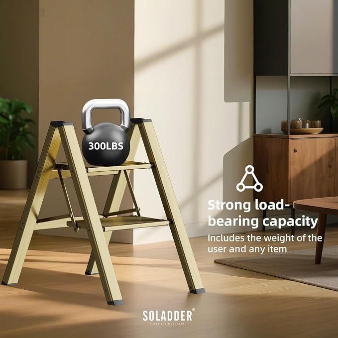 2 Step Ladder, Folding Step Stool, Brown Gold | Wide Anti-Slip Steps and a Foldable, Space-Saving Design for Adults to Use in Kitchens, Closets, Library,300 lbs