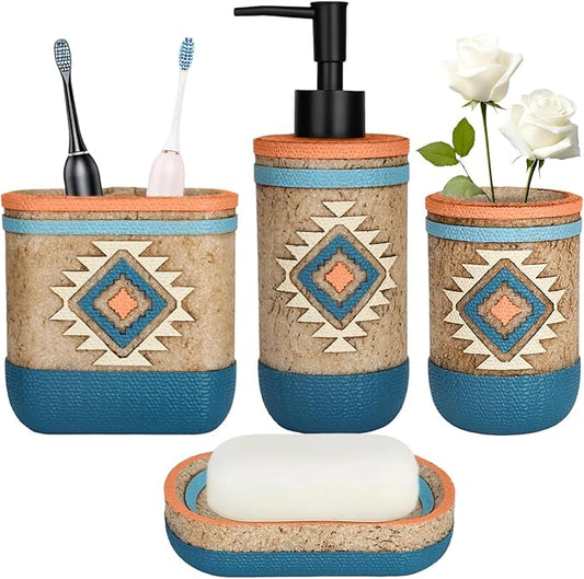 Bathroom Accessory Sets 4PCS Bathroom Accessories Set Complete Tribal Home Decor Southwest Pattern Shape Includes Lotion Dispenser Toothbrush Holder Tumbler Cup & Soal Dish