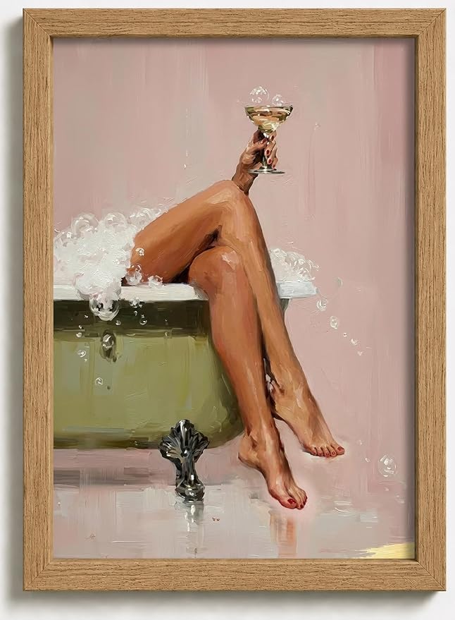 Framed Glam Pink Bubble Bath Canvas Wall Art Vintage Tub Martini Poster Print Elegant Woman Bathroom Wall Decor Picture for Girly Restroom Dorm Bath Room Decoration
