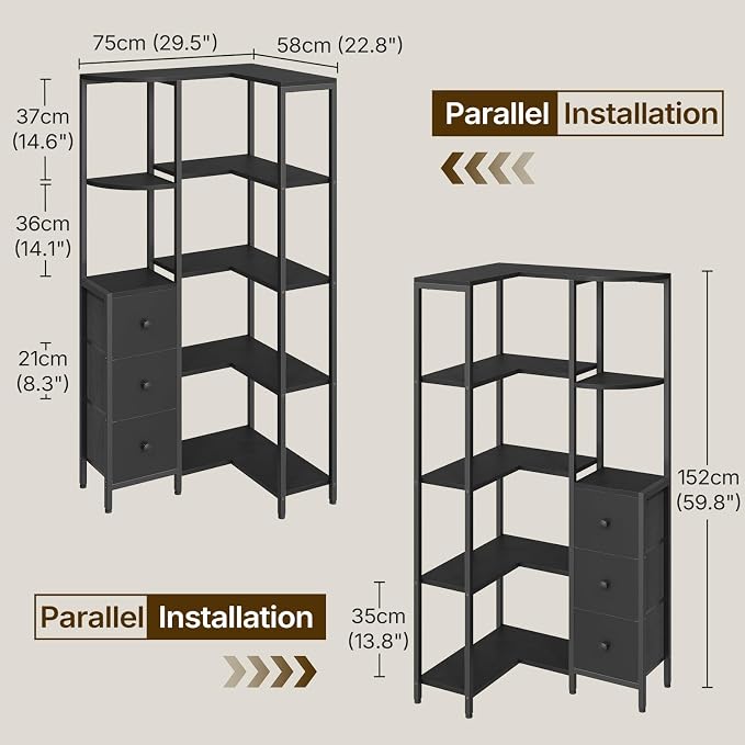 Corner Bookshelf, 5-Tier L-Shaped Bookcase with 3 Fabric Drawers, Storage Display Shelf, Freestanding Tall Open Shelf, for Living Room, Bedroom, Home Office, Black SJ12BB