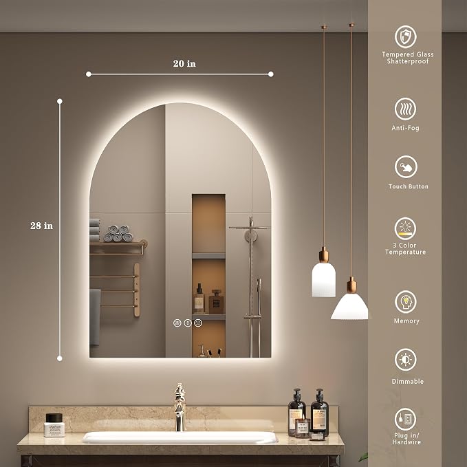 20x28 Inch Backlit Arched LED Mirror for Bathroom | Dimmable Lighted Vanity Mirror for Wall, Anti-Fog, 3 Colors, Tempered Glass, Memory, ETL Listed