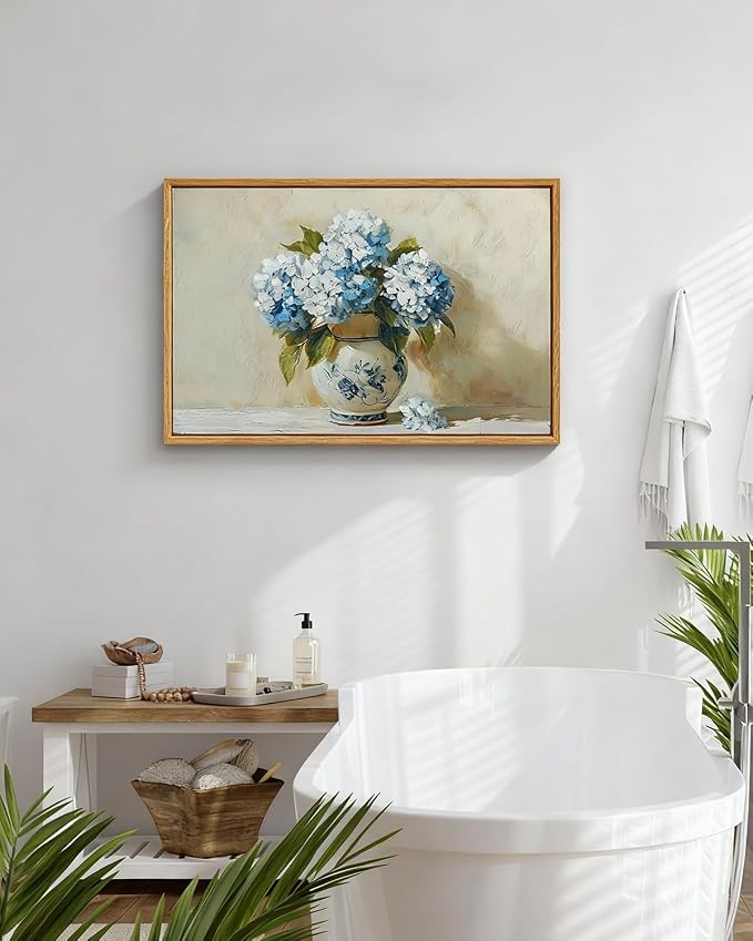 InSimSea Framed Canvas Art Hand-Painted Vintage Blue Hydrangea Art,16x24inch, Textured Floral Paintings Artwork Wall Decor for Living Dining Room Hallway, Classical Still Life Farmhouse Picture