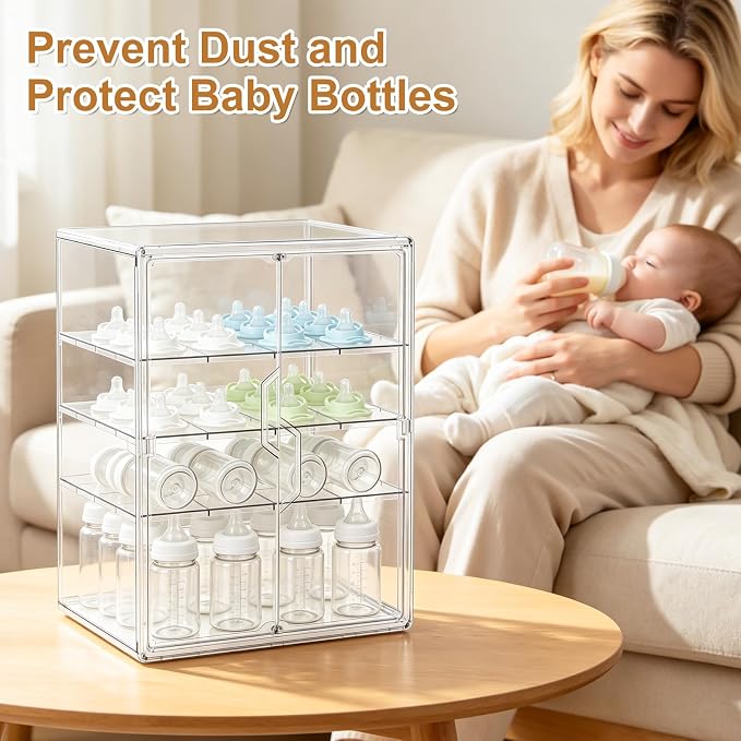 ERTIUANIO Baby Bottle Organizer – 4 Tier Bottle Storage Organizer Baby with Double Magnetic Doors for Nipples, Pump Parts, Food Jars – Clear Nursery Cabinet for Countertop Kitchen