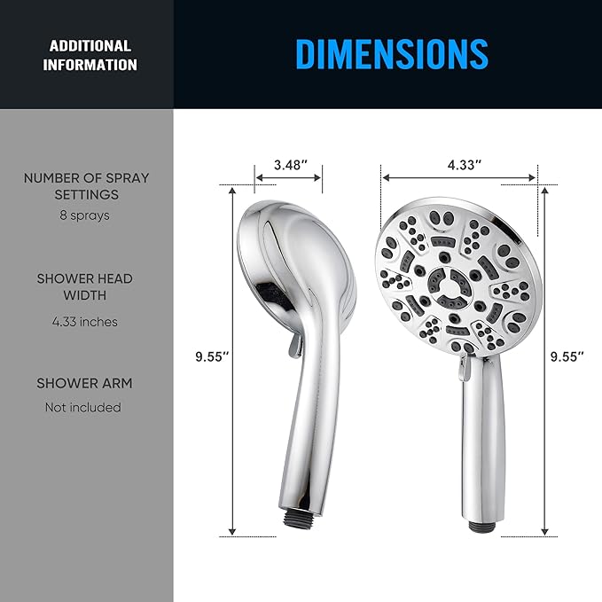Cobbe 8-Setting Handheld Shower Head, Water-Saving Design, Chrome | Trickle Pause Mode, 5ft Stainless Steel Hose, Brass Swivel Bracket, Tool-Free Installation