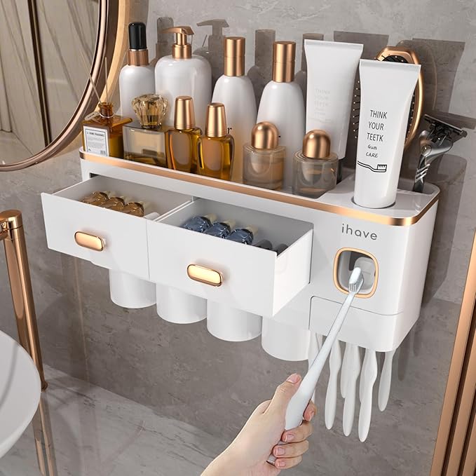 iHave Toothbrush Holders Bathrooms Wall Mount Toothpaste Dispenser & 4 Cups | Elegant White & Gold Bathroom Decor: 4 Cups, 7 Slots, Toothpaste Dispenser, Tray & Drawer Wall Mount Toothbrush Organizer