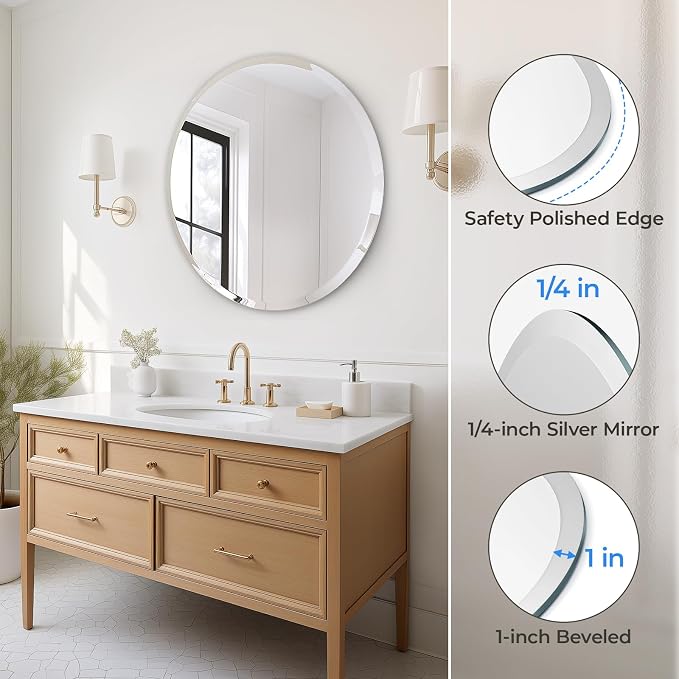 30" Round Frameless Wall Mirror with Beveled Edge | Circle Mirror for Bathroom & Vanity, Elegant & Simple Look