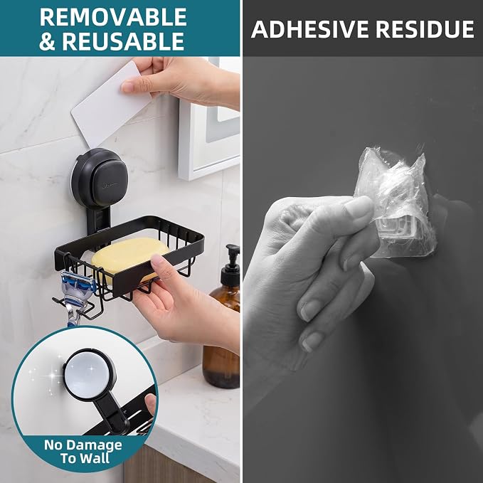 TAILI Soap Dish for Shower, Bar Soap Holder,Suction Visible Indicator,Black | Soap Holder Shower, Soap Bar Holder for Shower Wall, Removable Bathroom Sponge Holder, One-Press Plastic Soap Dish