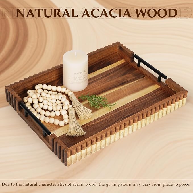 Serving Tray for Coffee Table Decor, 16.7" Decorative Ottoman Tray, Natural | Acacia Wood, Coffee Table Tray, Large Wooden Serving Tray with Handles, Decorative Trays Home Decor for Food Breakfast in Bed