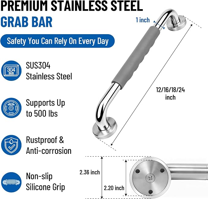 MrHAND Safety Grab Bar for Bathroom, 24 Inch 2 Pack Anti-Slip Silicone Grip | SUS 304 Stainless Steel, Wall Mounted Shower Handles, ADA Compilant, Suitable for Seniors, Handicap, Pregnant & Kids