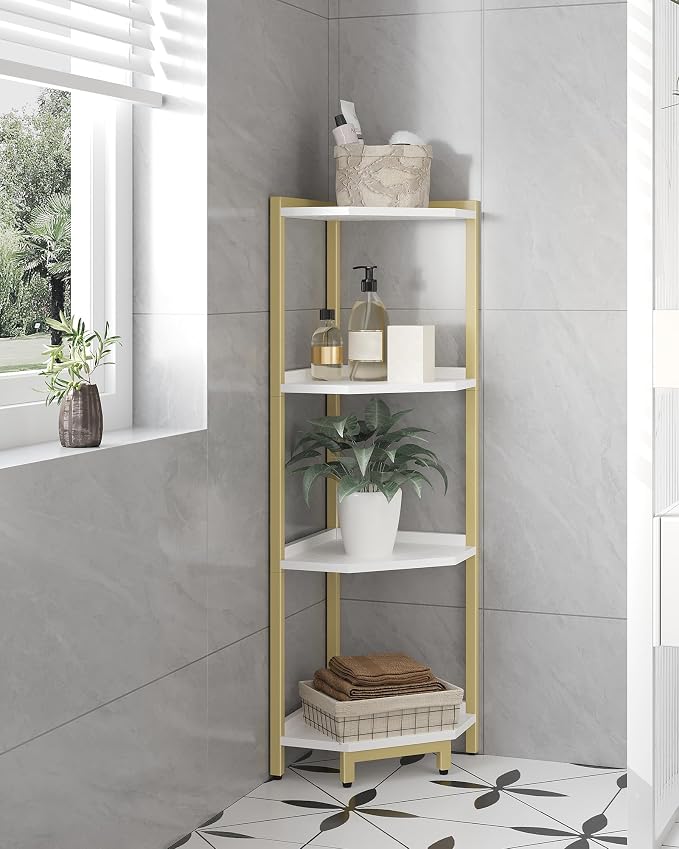 Hzuaneri Corner Shelf Stand 4-Tier Corner Bookshelf Storage Standing Shelf | Bookcase Plant Stand with Metal Frame for Living Room, Home Office, Bedroom, White Gold CS05803A
