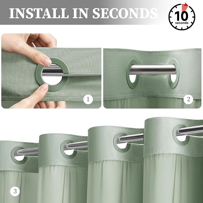 Sage Green Ringless Linen Look Shower Curtain with Snap in Liner 72x75 | 3 in 1 Hotel Shower Curtain Set, Removable Liner, Waterproof & Washable, Mesh Top Window, Durable Fabric, Easy to Install