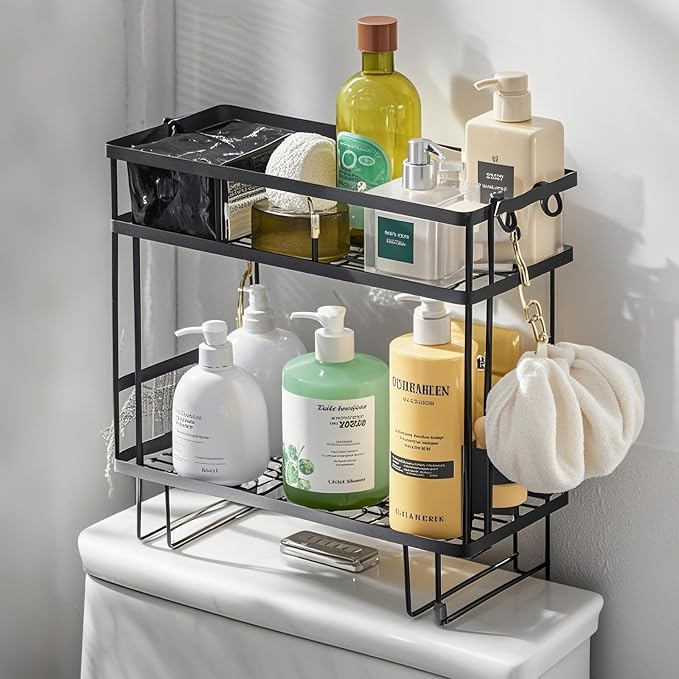 PowerKing Over The Toilet Storage Shelf, 2-Tier Bathroom Organizer, Black | No Drill Installation, Rust Resistant Steel, 2 Hanging Hooks, Toilet Paper Holder, Restroom & Bathroom Space Saver
