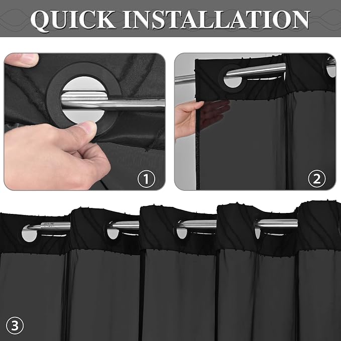 Yinhua No Hook Shower Curtain with Snap in Liner Set, 71" W×86" L, Black | Hotel Style, See Through Top Window, Washable Waterproof, Tufted, Extra Long Hookless Curtain for Bathroom Bathtub