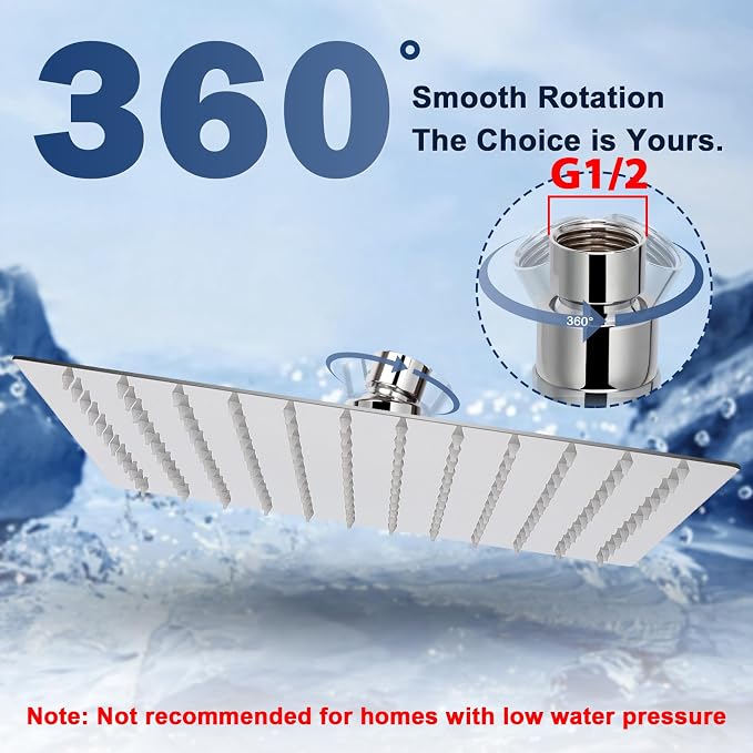 NearMoon Rain Shower Head, High Flow Stainless Steel Rainfall Shower, High Pressure Design, Awesome Shower Experience Even At Low Water Flow (12 Inch Rectangle, Chrome Finish)