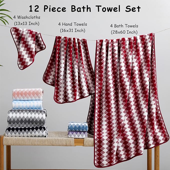 12 Pcs Burgundy Diamond Towel Set-4 Bath Towels,4 Hand Towels,4 Washcloths Soft Polyester Towels with Loop Absorbent Shower Towel Quick Dry Beach Chair Towel Family Towels for Bathroom Spa Gym Pool
