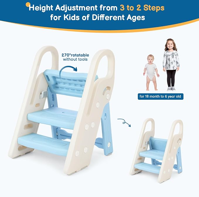 Foldable Toddler Step Stool for Bathroom Sink, Adjustable 3 Step Stool for Kids Toilet Potty Training Stool with Handles, Child Kitchen Counter Stool Helper, Plastic Ladder for Toddlers Blue