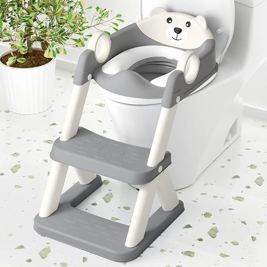 COOSEYA Toilet Seat, Potty Training Seat for Toddler, Upgraded 2-in-1 Potty Toilet Training for Boys and Girls,Waterproof Cushioned Mat with Non-slip Step Stool(Grey Cream)