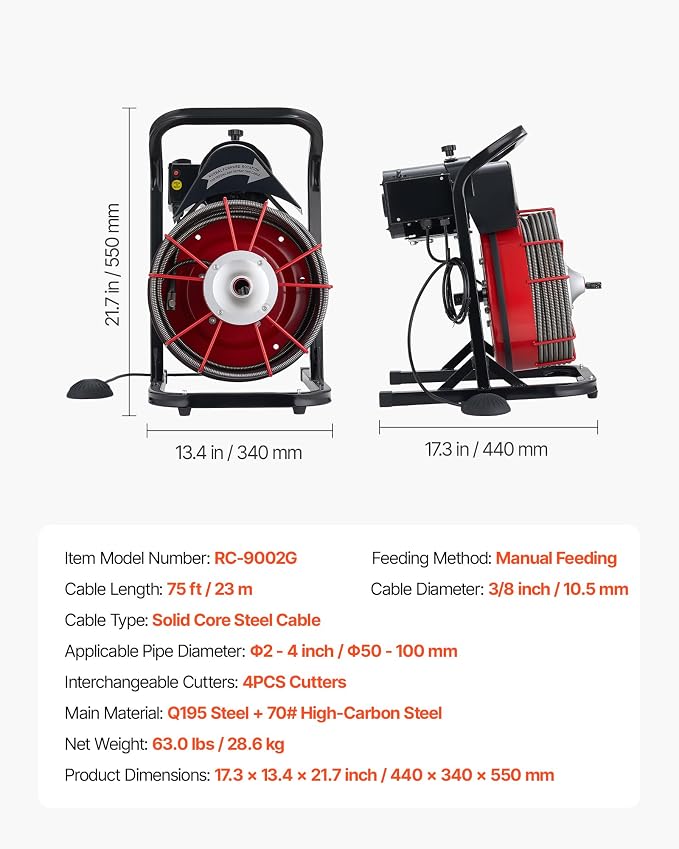 VEVOR Drain Cleaner Machine 75 FT x 3/8 Inch, Sewer Snake Auger Manual Feed with 4 Cutters & Air-activated Foot Switch for 2" to 4" Pipes