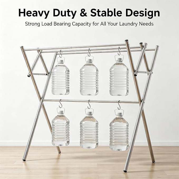 Drying Rack for Clothes, Compact 4 Drying Poles Foldable Laundry Rack, Stainless Steel Portable Clothes Airer for Towels, Baby Clothes, Bibs & Swimsuits, for Balcony & Laundry Room Use, Silver