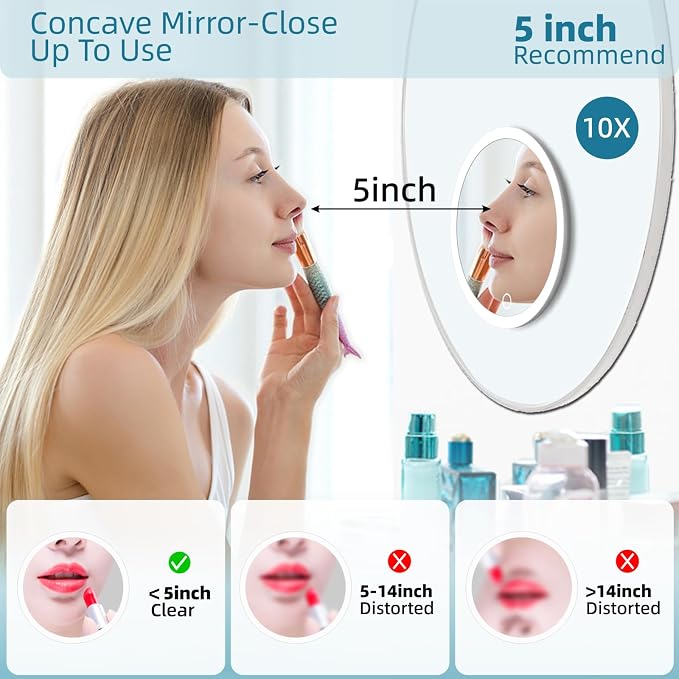 10X Magnifying Mirror with Lights, 10X Magnified Mirror with 3 Suction Cups | 3 Color Dimmable Lights, Rechargeable Makeup Magnifying Mirror 6inch Travel 10X Magnification Mirror with Tweezers & Scissors