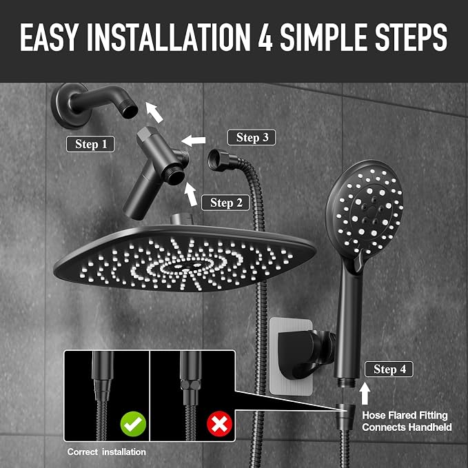 Veken 10“ Rain Shower Head with Handheld,Dual High Pressure Shower Heads | 5-mode Hand Held Spray with Hose,Wide Detachable Rainfall,Dual Showerhead Combo,Bathroom Accessories,Easy Install,Matte Black