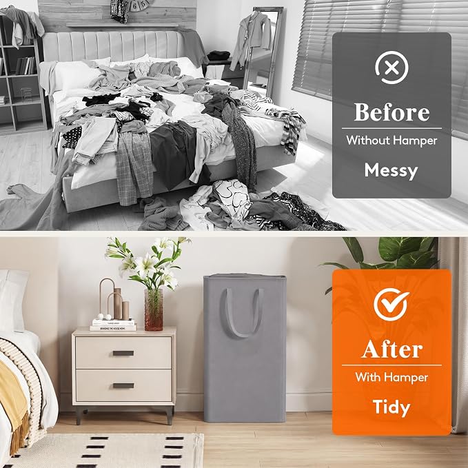 Lifewit Slim Collapsible Laundry Basket with Handles, 75L, Grey | Narrow Laundry Hamper for Dirty Clothes, Tall Thin Laundry Bin, Small Clothes Hamper for Bathroom, Bedroom, RV, Dorm