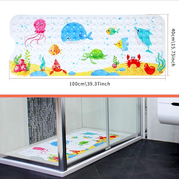 Secopad Bathtub Mat Non Slip, Cute Bath Tub Mat, 40" x 16", Little Whale | Rectangular, Anti-Slip, Machine Washable, with Drain Holes and Suction Cups,For Bathtub and Shower Floor, for Toddler & Kids
